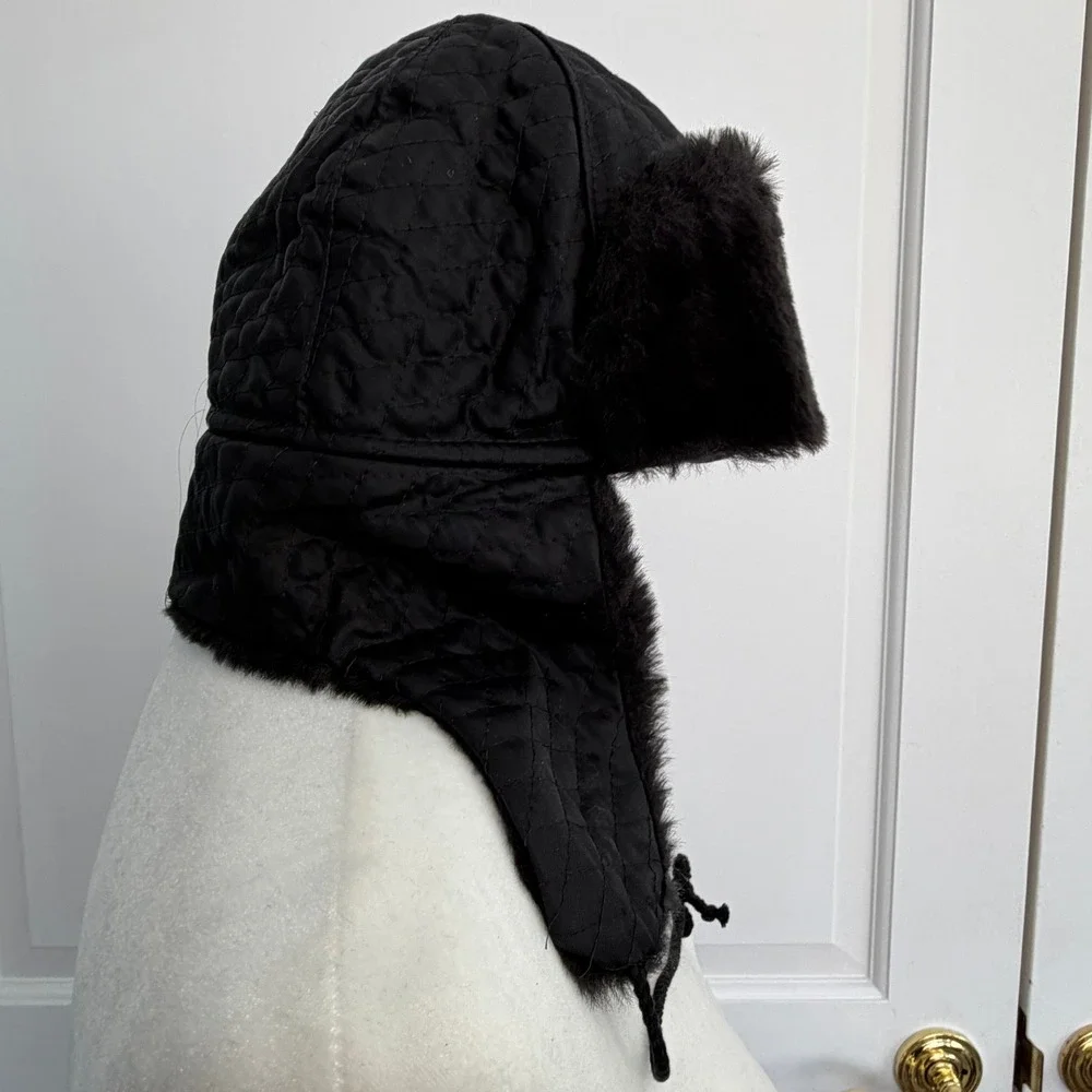 J Crew Black Quilted Trapper Hat Faux Fur Made‎ in Italy OSFM